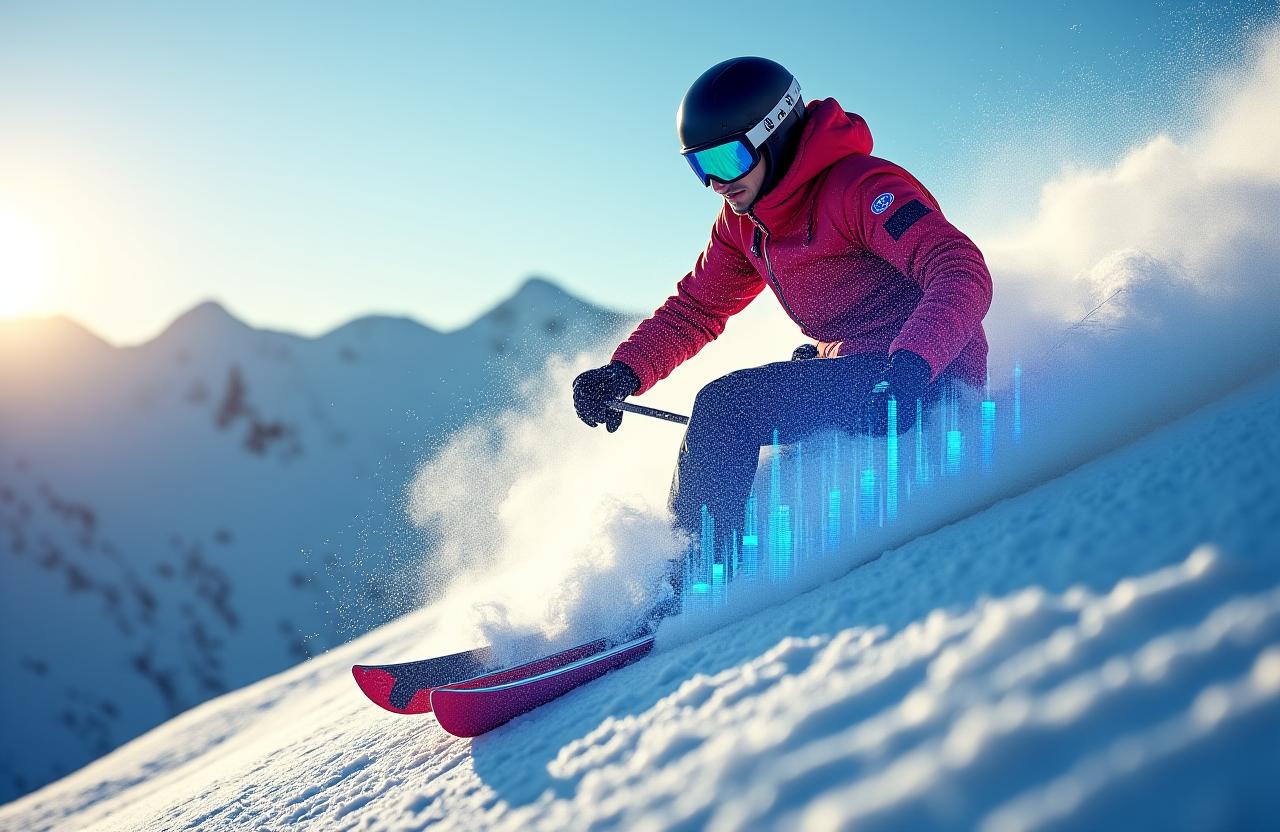 Professioneller Skifahrer in den Alpen mit überlagerten Datenvisualisierungen.