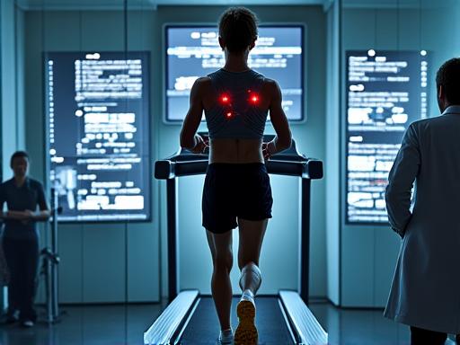 Athlet auf einem Laufband mit Sensoren.