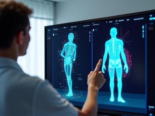 Physiotherapeut analysiert Bewegungsdaten eines Athleten am Bildschirm.